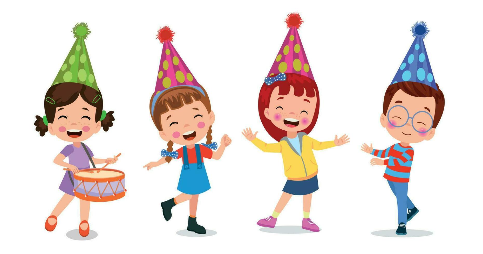 A cartoon of a girl wearing a party hat with the words  happy birthday  on the top. vector