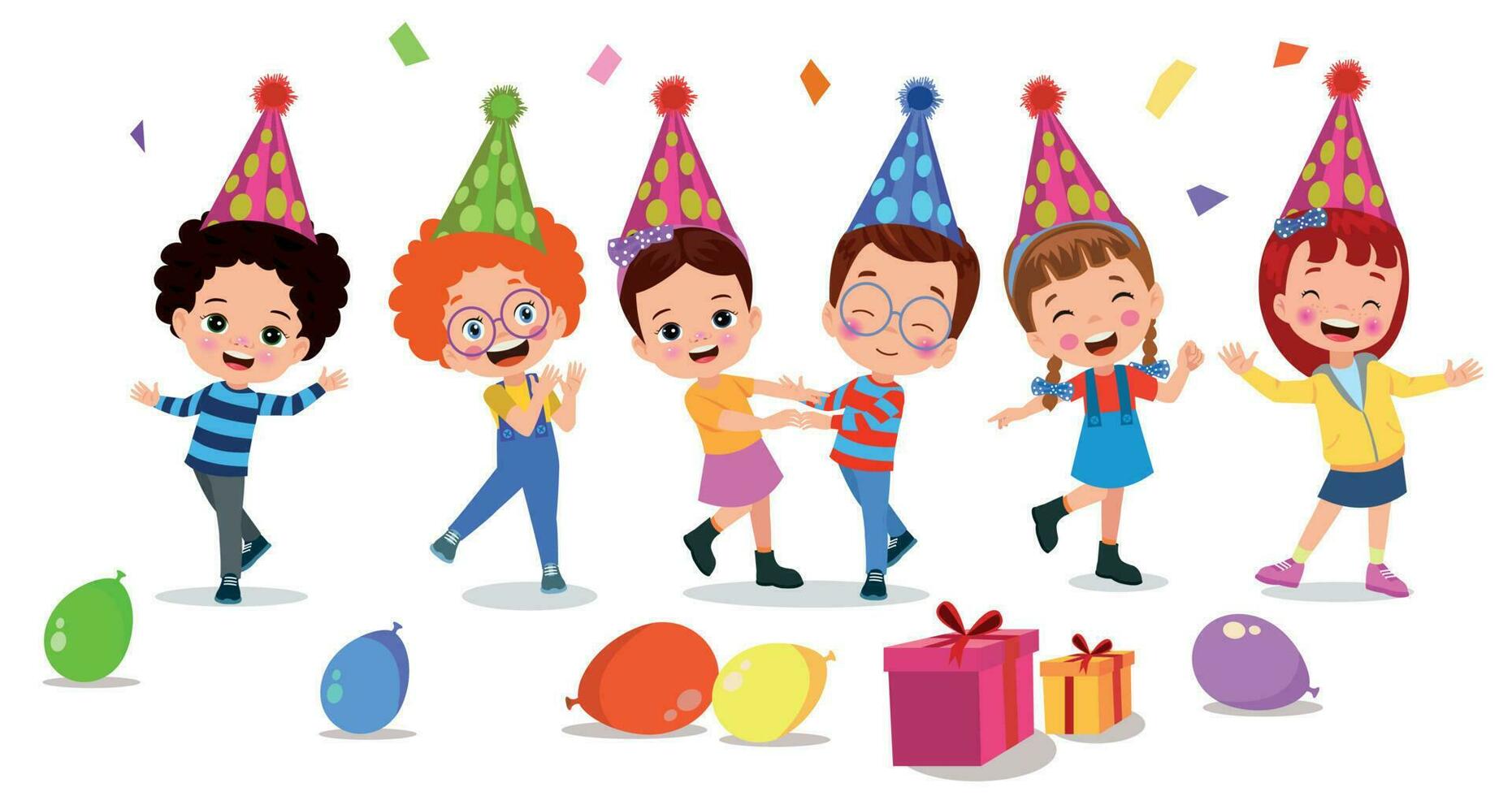 un dibujos animados de niños celebrando un cumpleaños con un cumpleaños sombrero y un regalo. vector