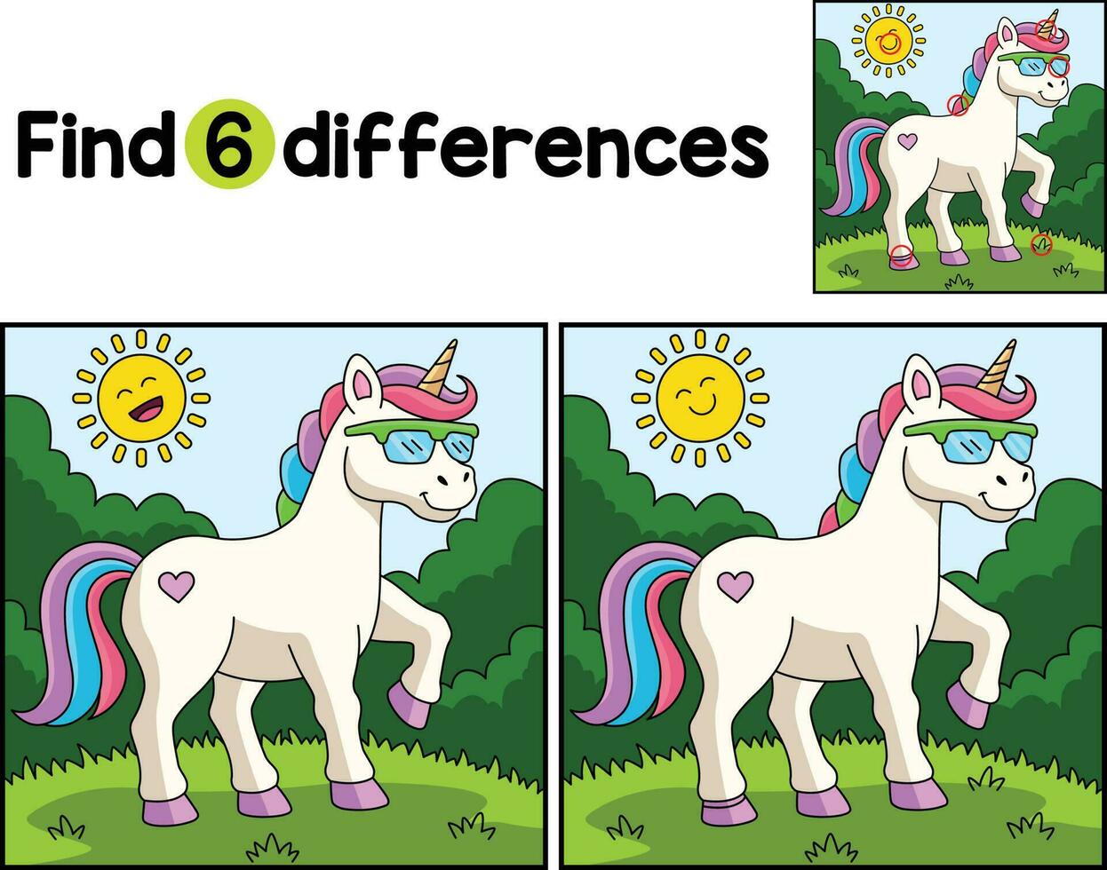 Unicorn Wearing Sunglasses Find The Differences vector