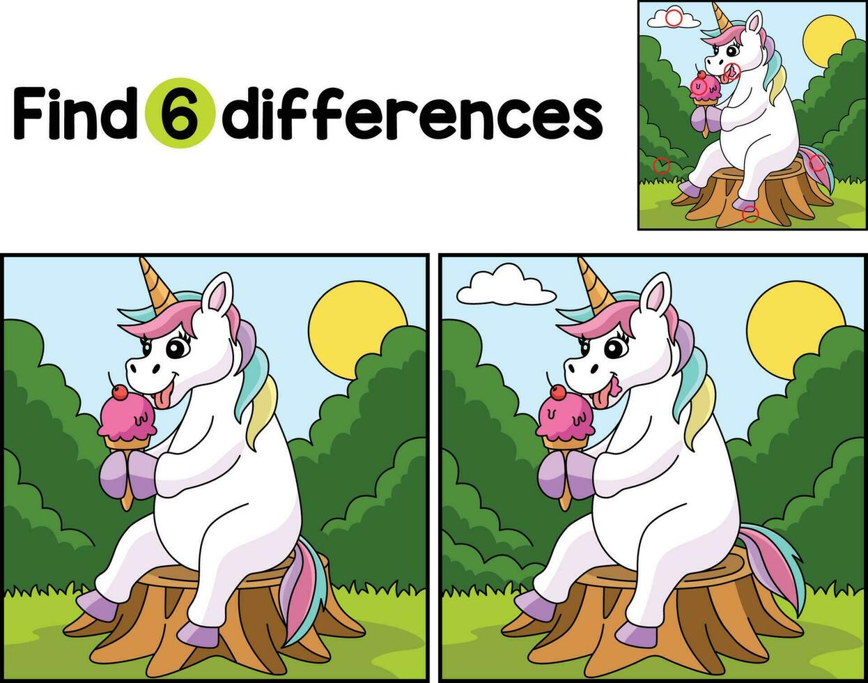 Unicorn Eating Ice Cream Find The Differences vector