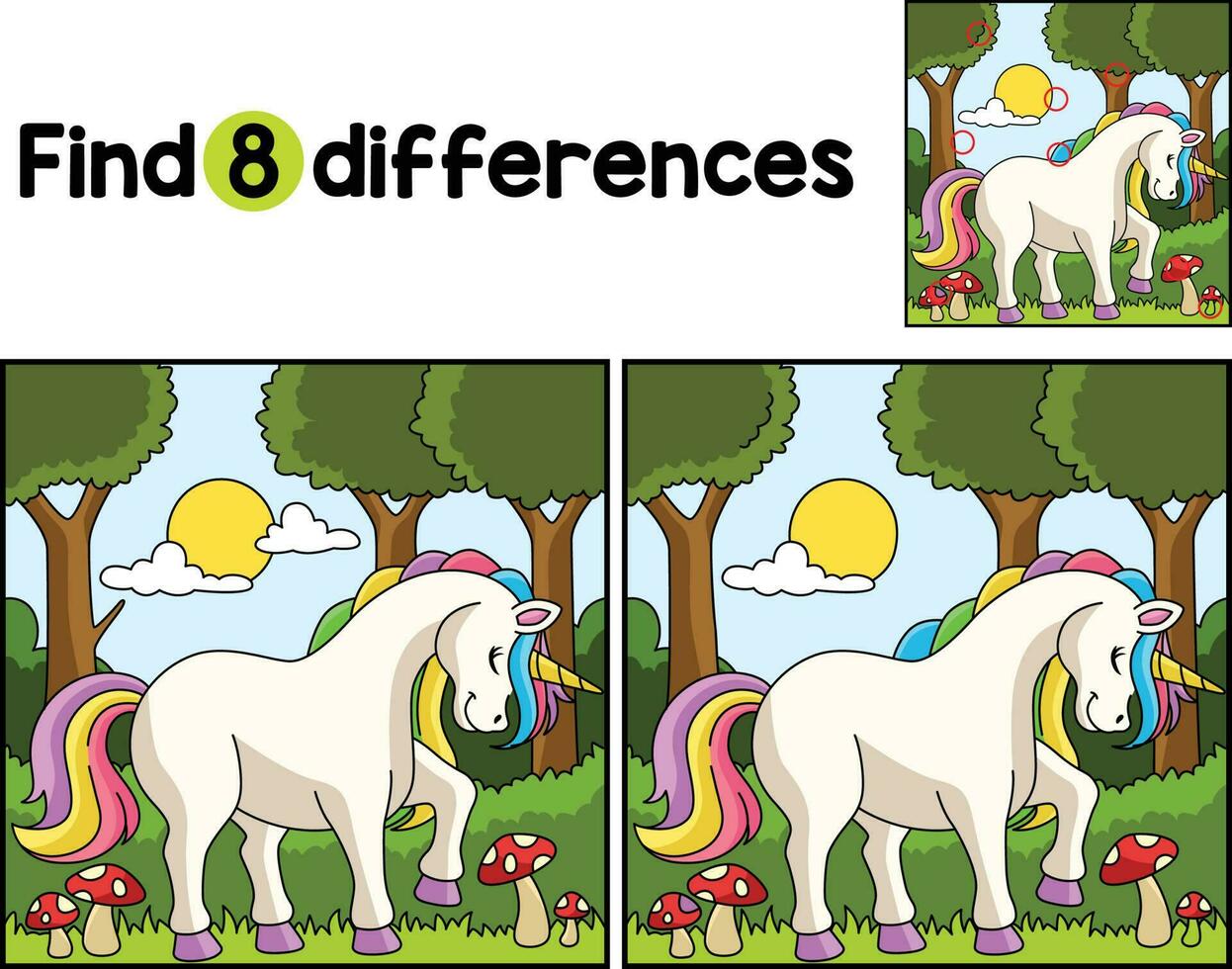 Unicorn in a Forest Find The Differences vector