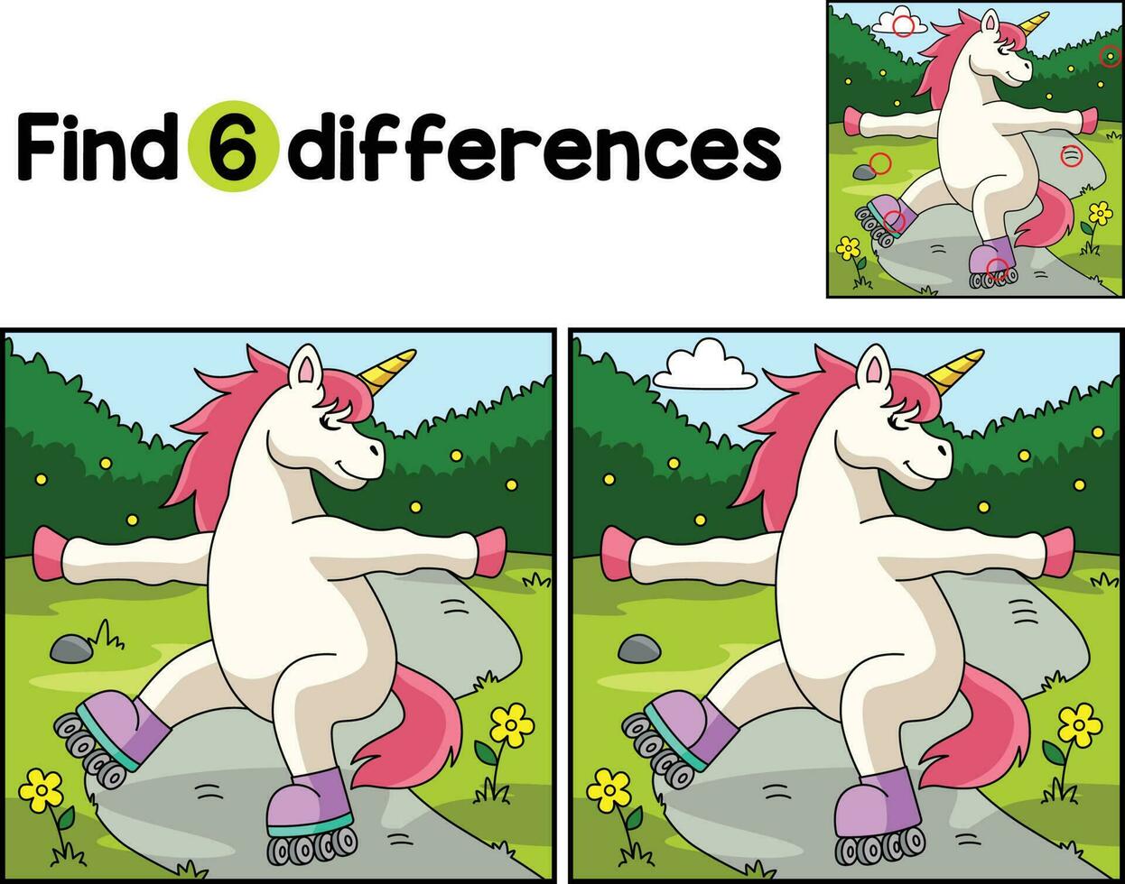 Unicorn on the Roller Skates Find The Differences vector