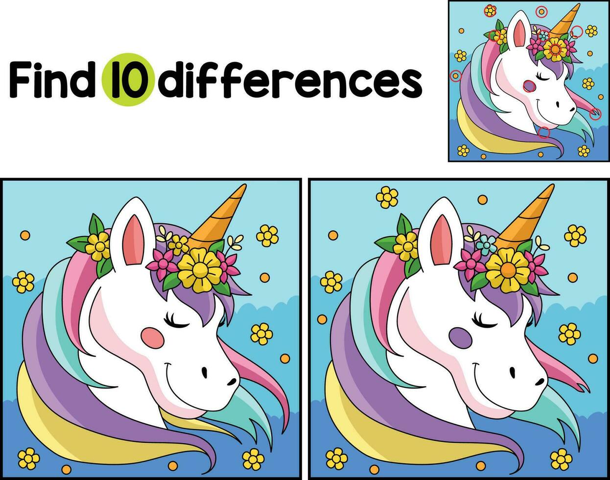 Unicorn with a Flower Wreath Find The Differences vector