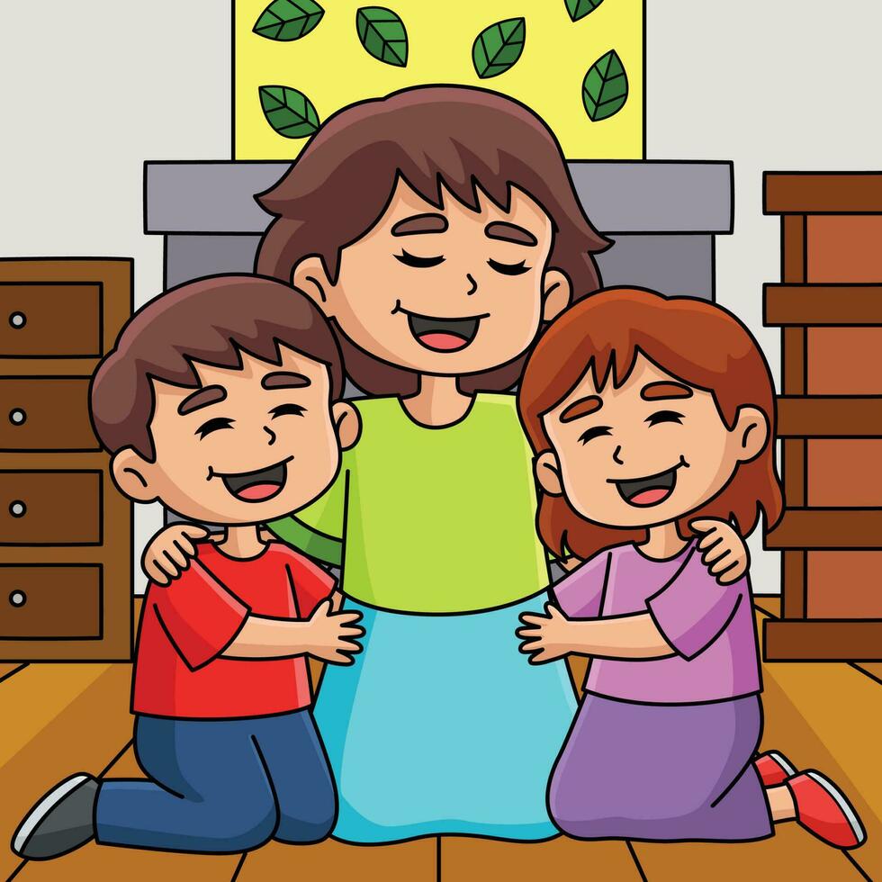 Mothers Day Mother Hugging Children Colored vector