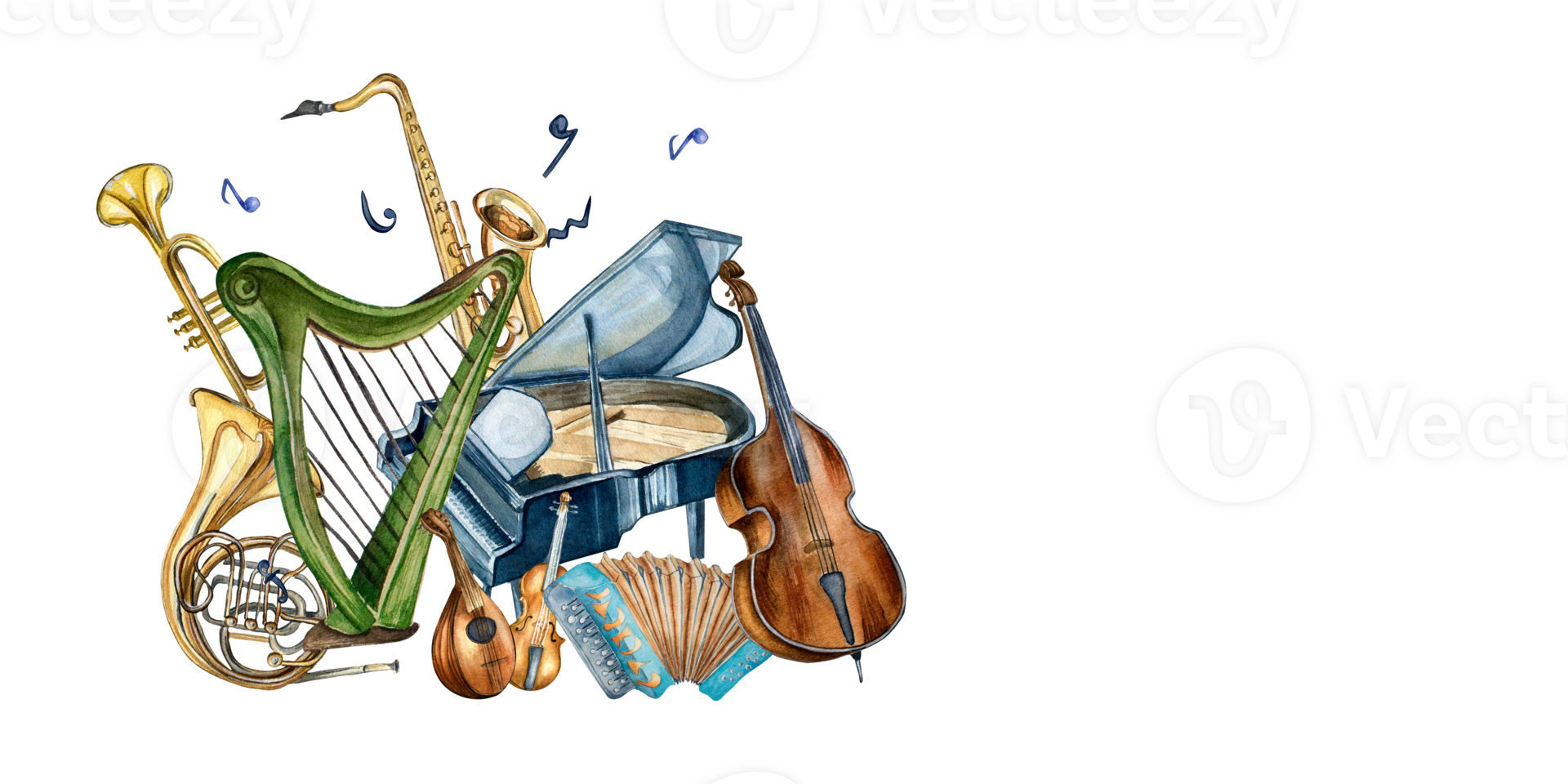 harp, viool, groots piano en contrabas waterverf illustratie geïsoleerd. geregen en wind musical instrumenten hand- getrokken. ontwerp element voor folder, leven concert evenementen, brochure, poster, afdrukken png