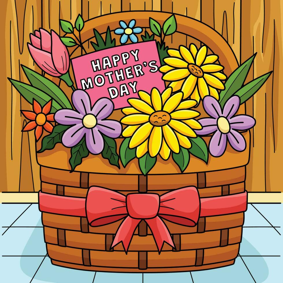 Happy Mothers Day Flower Basket Colored Cartoon vector