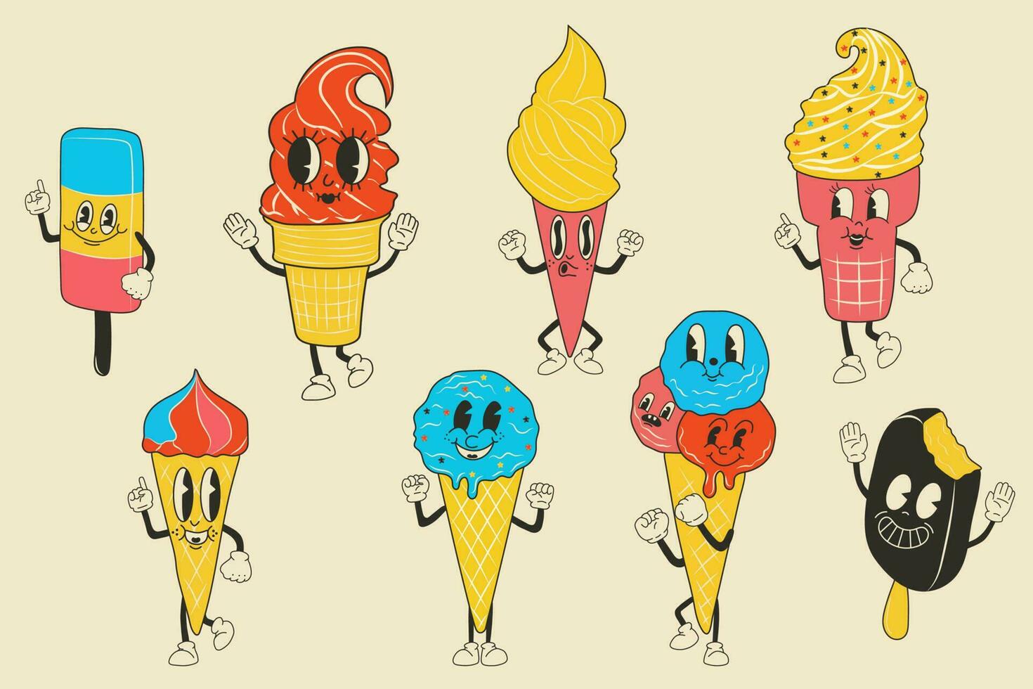 Set of Cute Cartoon Ice cream character. Happy and cheerful emotions. Old animation 60s 70s, funny cartoon characters. Trendy illustration in retro style. vector