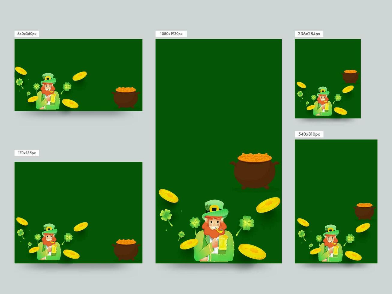 Social Media Template Set With Leprechaun Man Drinking, Treasure Pot, Clover Leaves On Green Background. vector