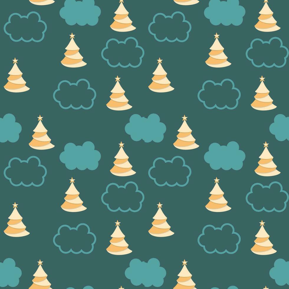 Christmas Tree And Clouds Pattern On Teal Blue Background. vector