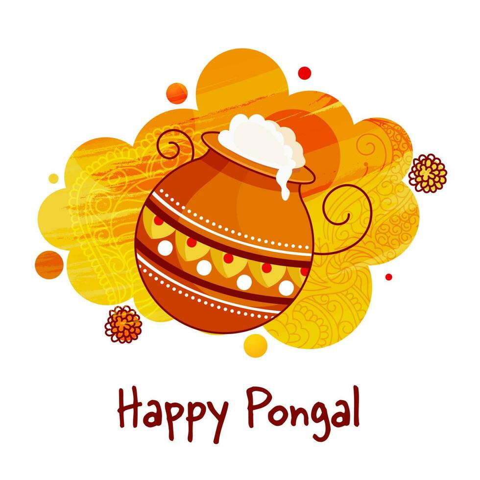 Happy Pongal Poster Design With Mud Pot Full Of Traditional Dish On Abstract Yellow And White Background. vector