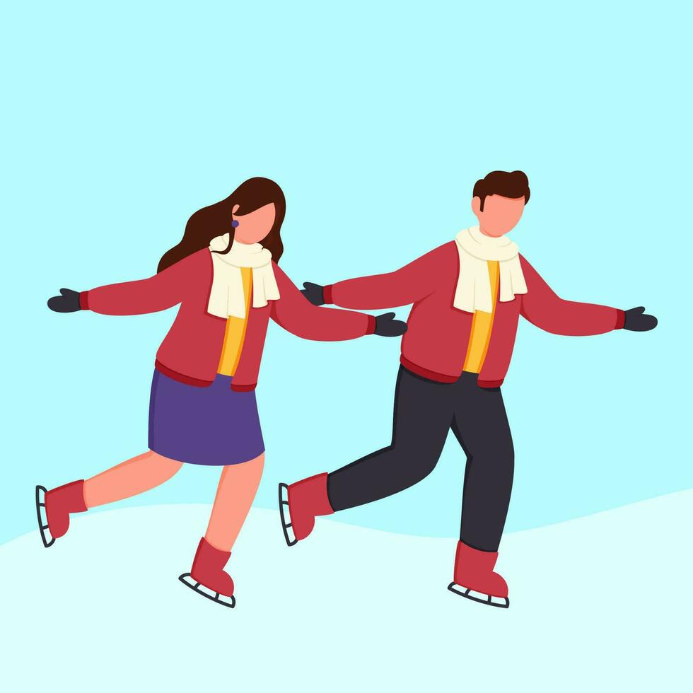 Faceless Young Couple Ice Skating Together On Turquoise Background. vector