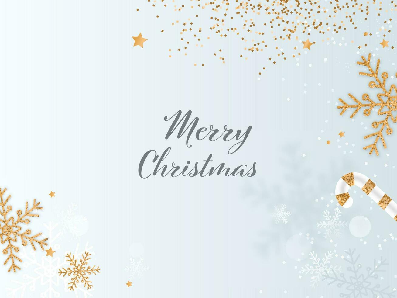 Merry Christmas Font With Golden Snowflakes, Candy Cane And Glittering On Gray Background. vector