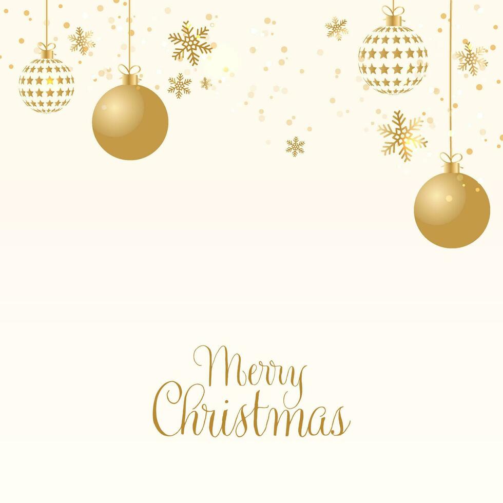 Golden Merry Christmas Font With Baubles Hang, Snowflakes And Bokeh Blur On Beige Background. vector
