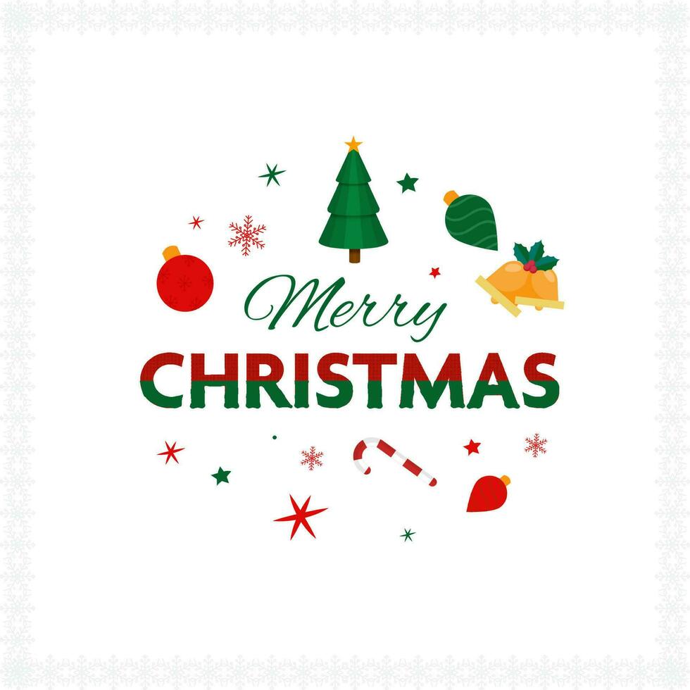 Merry Christmas Font With Paper Cut Xmas Tree, Baubles, Jingle Bells, Candy Cane, Star And Snowflakes On White Background. vector