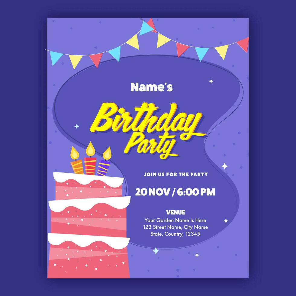 cumpleaños fiesta invitación tarjeta con iluminado velas en delicioso pastel y evento detalles. vector