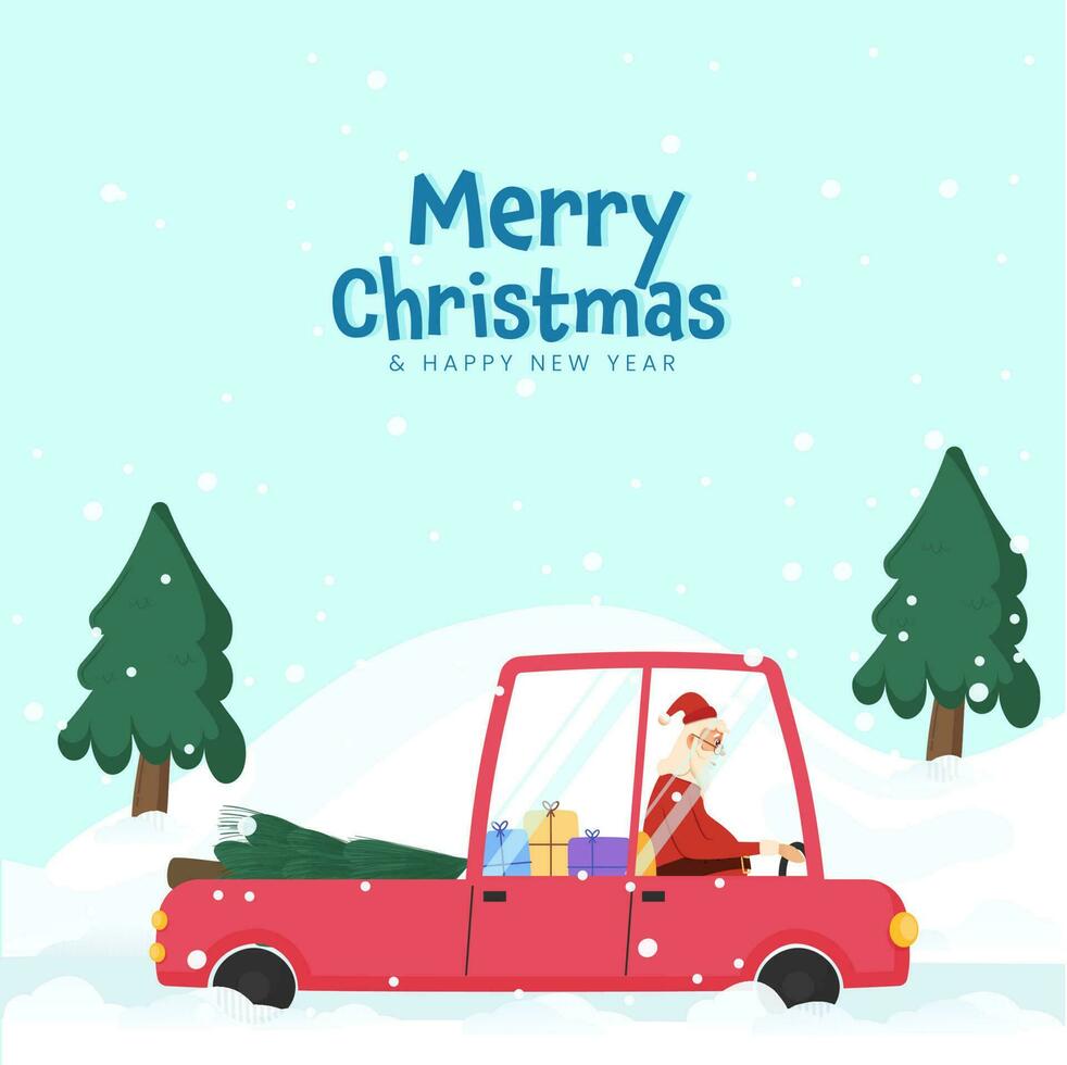 Merry Christmas And New Year Concept With Santa Claus Driving Pickup Truck Full Of Gift Boxes And Xmas Tree On Snowfall Blue Background. vector