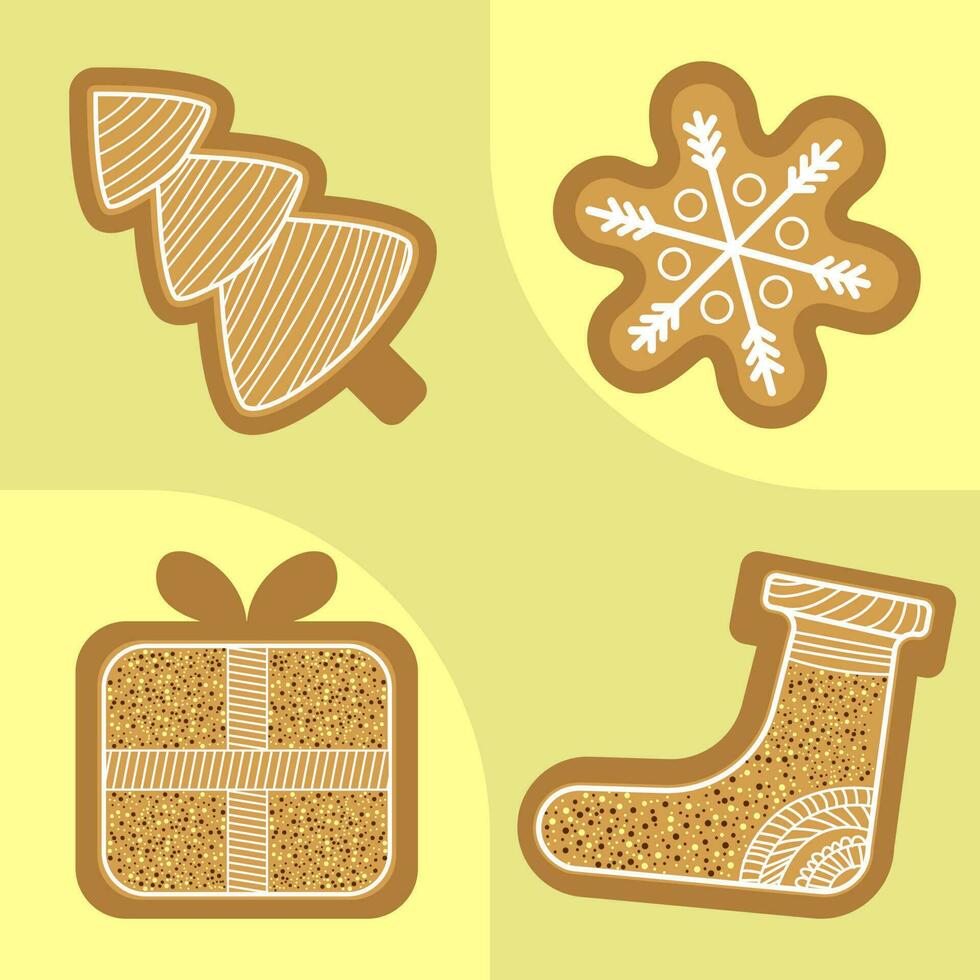 pan de jengibre forma como Navidad árbol, copo de nieve, regalo caja, calcetines en amarillo antecedentes. vector