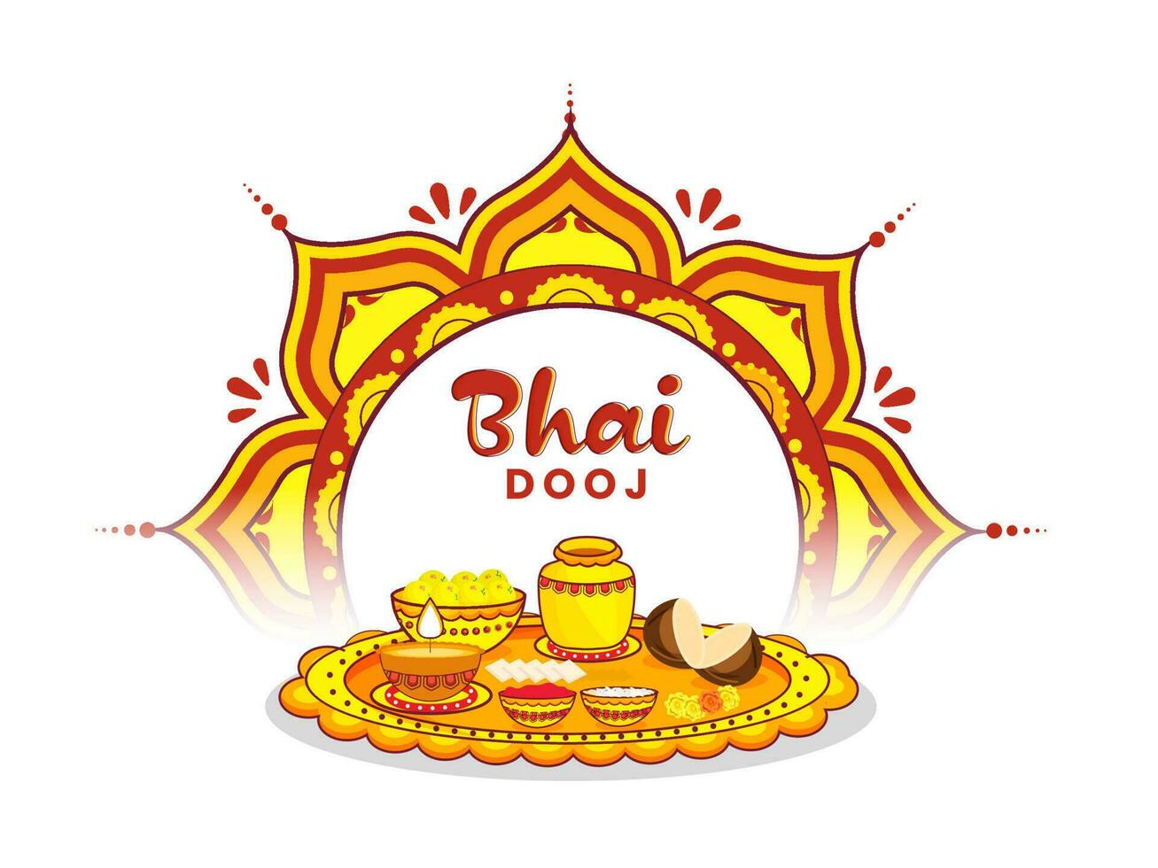 Decorative Worship Plate Of Bhai Dooj And Mandala Pattern On White Background. vector