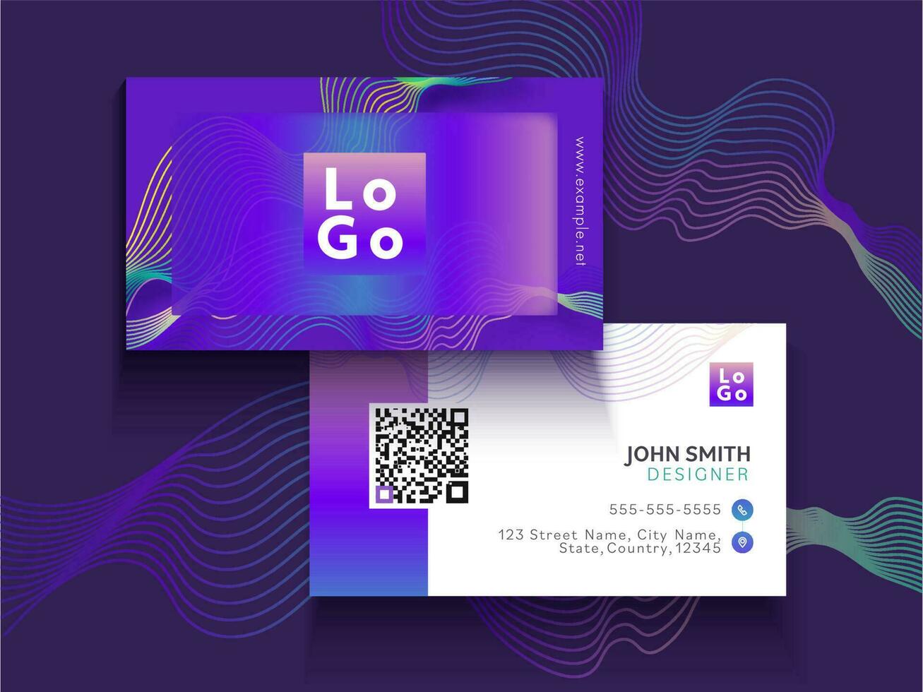 Business Or Visiting Card Template With Abstract Waves In Gradient Purple And White Color. vector