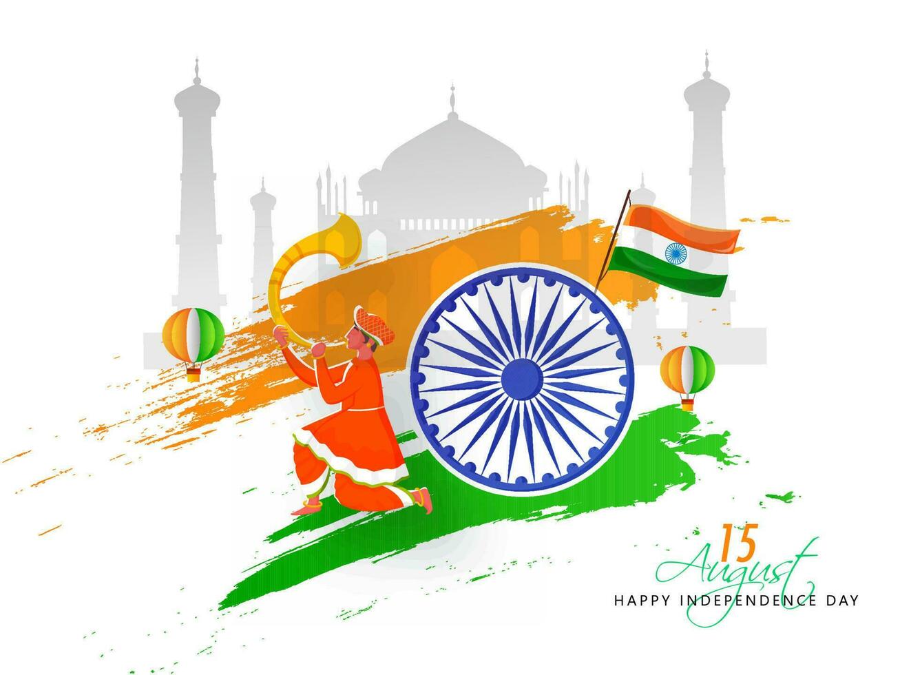 Character Of Man Blowing Tutari Horn With Indian Flag, Saffron And Green Brush Effect On Silhouette Taj Mahal Background For 15Th August. vector