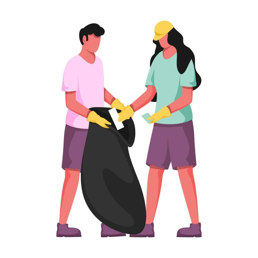 Cartoon Man And Woman Collecting Waste In Black Bag On White Background. vector