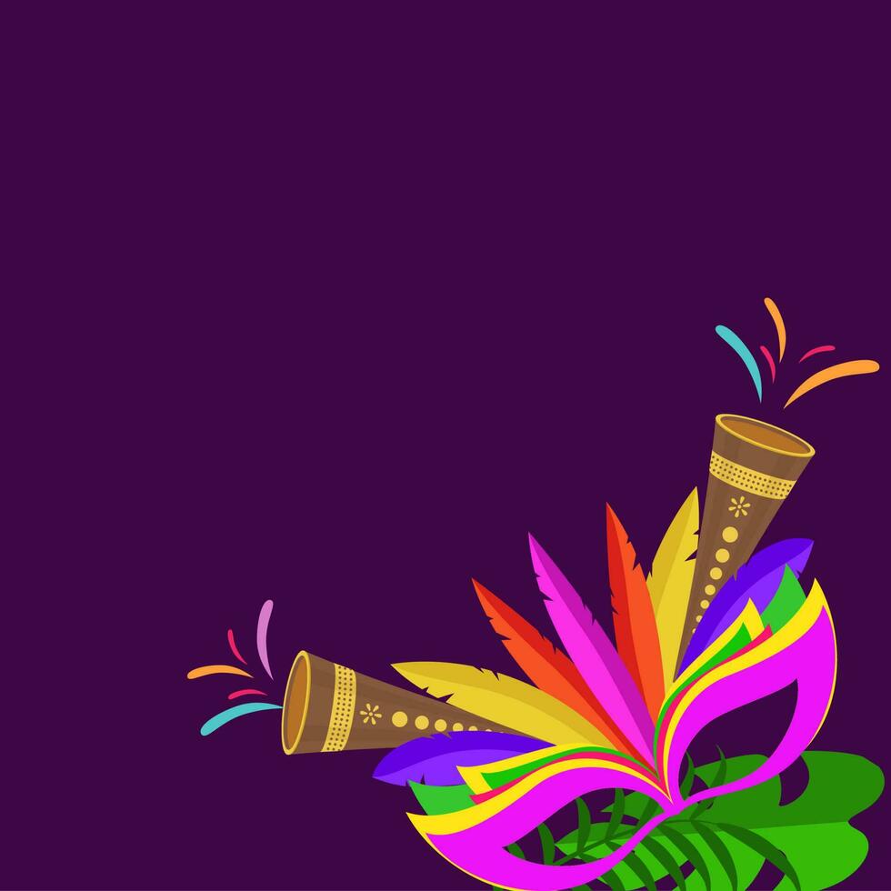 vistoso carnaval máscara con verde hojas y vuvuzela en púrpura antecedentes. vector