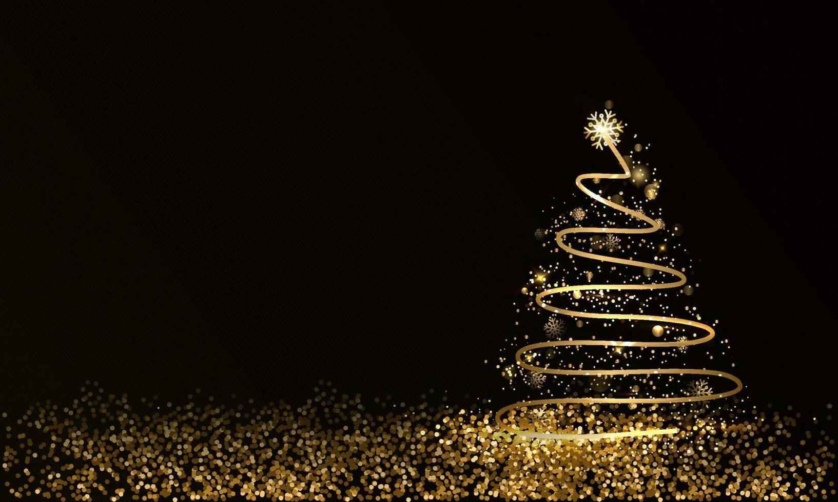 Golden Swirl Christmas Tree With Snowflake And Glittering On Black Background. vector