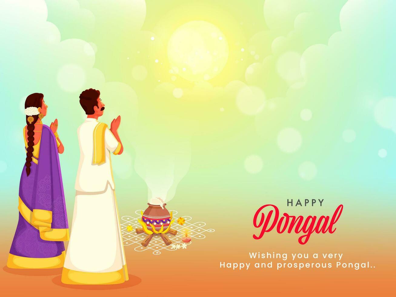 Happy Pongal Celebration Background With South Indian Couple Doing Deity Surya Worship And Traditional Dish  Cooking At Bonfire. vector