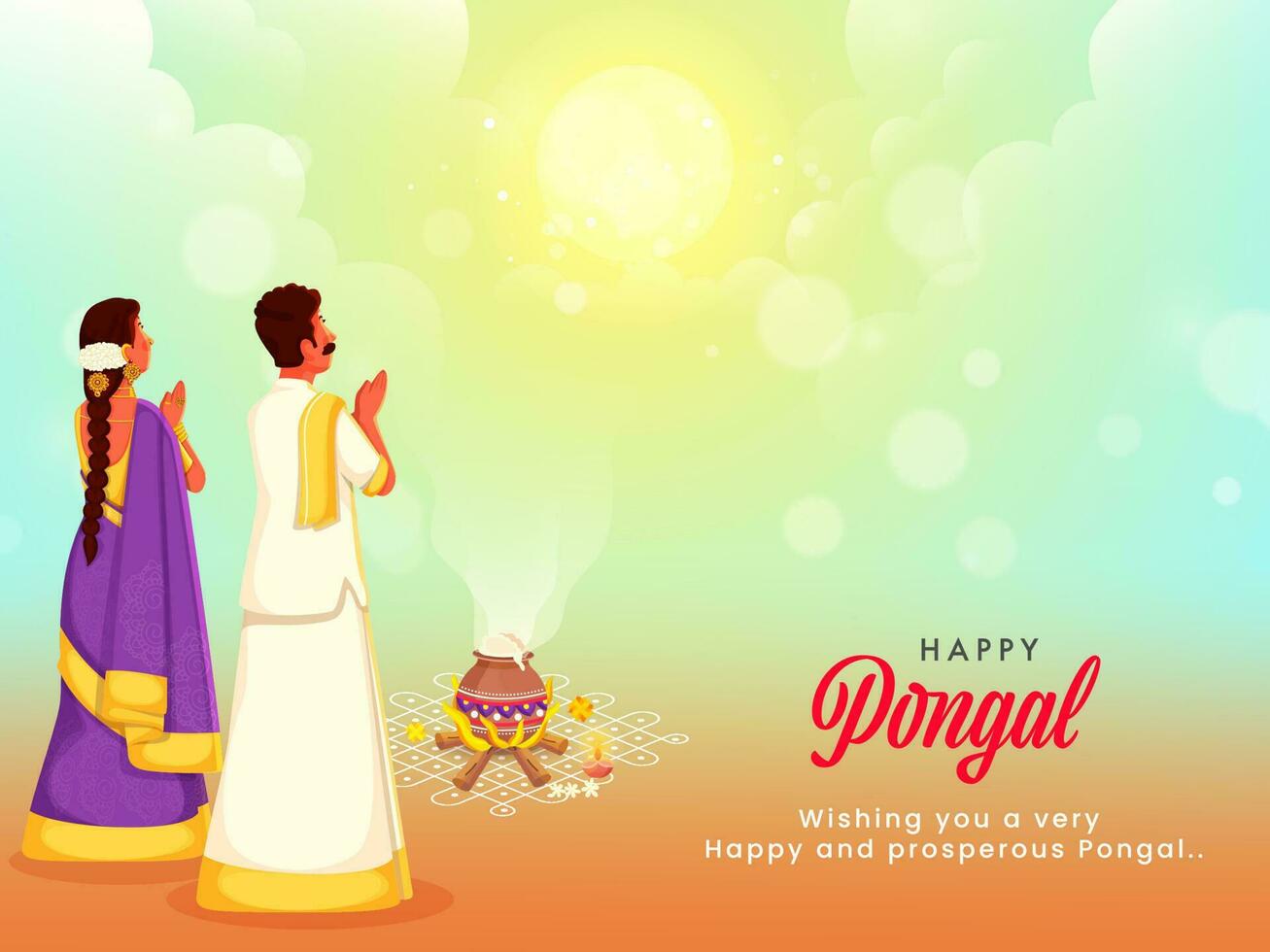 contento pongal celebracion antecedentes con sur indio Pareja haciendo deidad surya Adoración y tradicional plato Cocinando a hoguera. vector