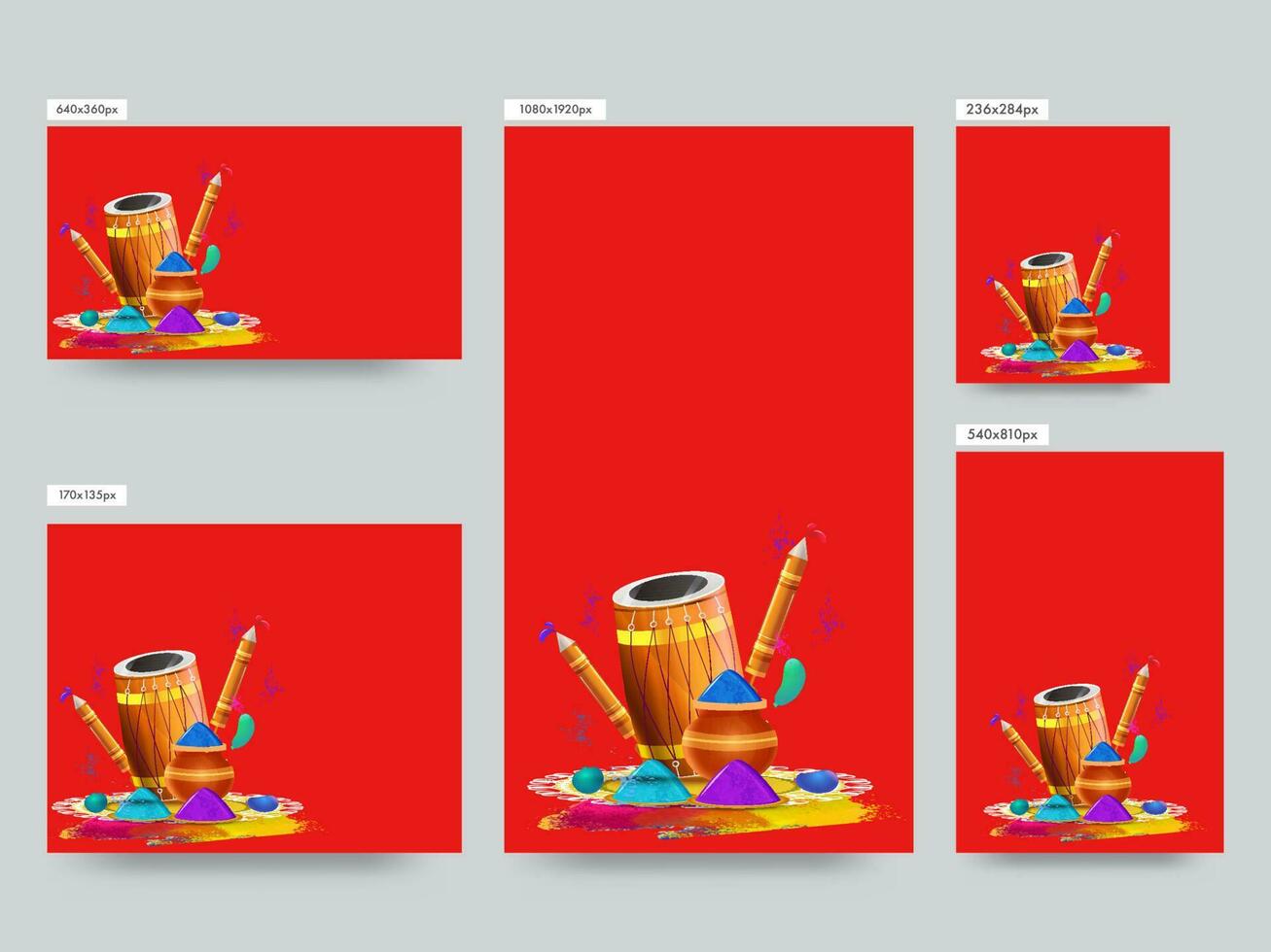 Social Media Template Posts Layout With Holi Festival Elements On Red Background In Five Options. vector