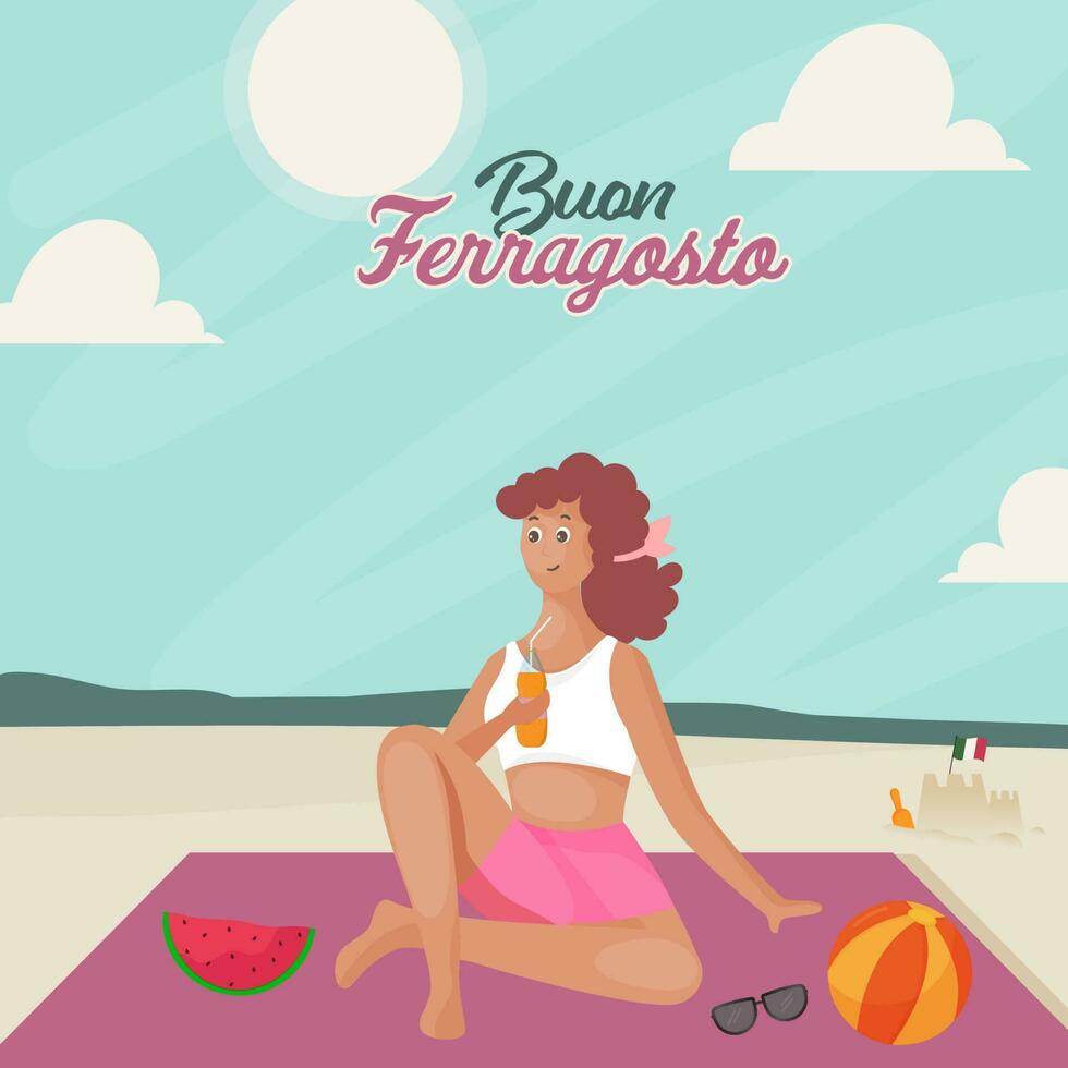 buon ferragosto concepto con moderno joven mujer disfrutando bebidas a playa lado. vector