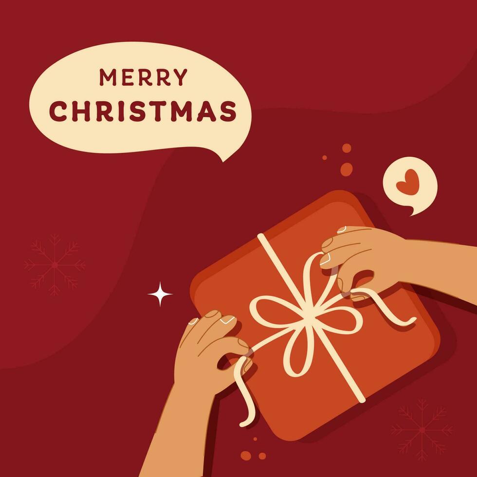 Merry Christmas Poster Design With Top View Of Hand Holding Ribbon Of Gift Box On Red Background. vector