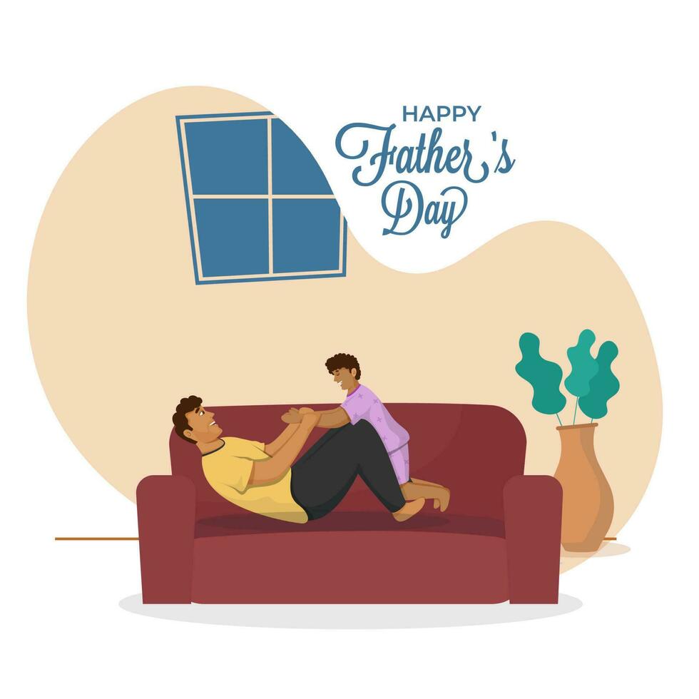 alegre joven hombre jugando con su hijo en sofá para contento del padre día concepto. vector