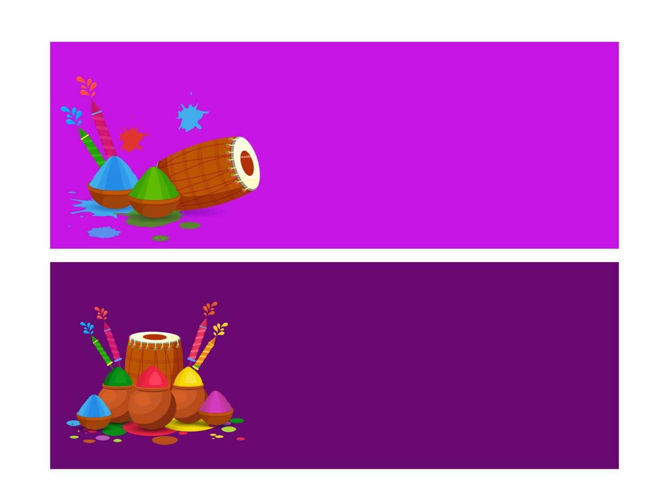 encabezamiento o bandera diseño con holi festival elementos y espacio para texto en púrpura antecedentes en dos opciones vector