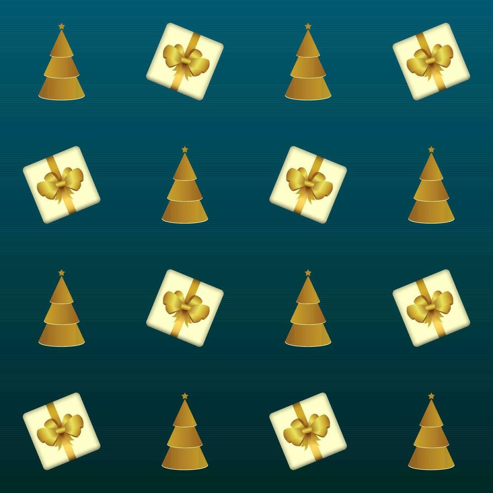 Top View Of Gift Boxes And Golden Xmas Tree Decorated On Teal Background. vector