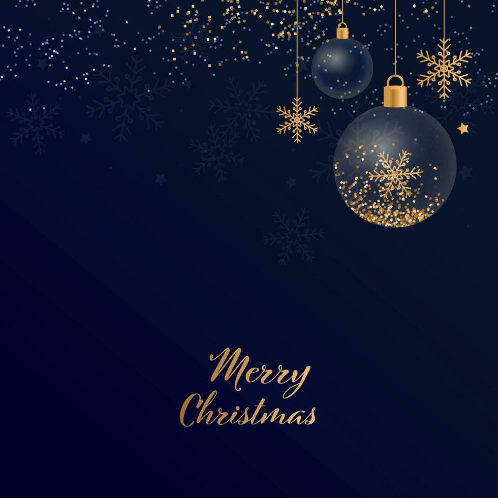 Golden Merry Christmas Font With Transparent Baubles, Golden Snowflakes Hang And Glitter Effect On Blue Background. vector