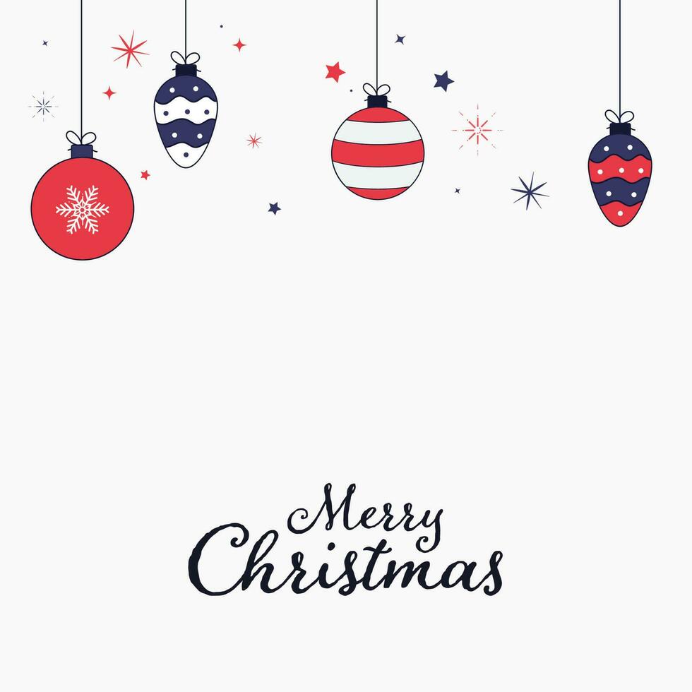 Merry Christmas Poster Design With Hanging Baubles And Stars On White Background. vector