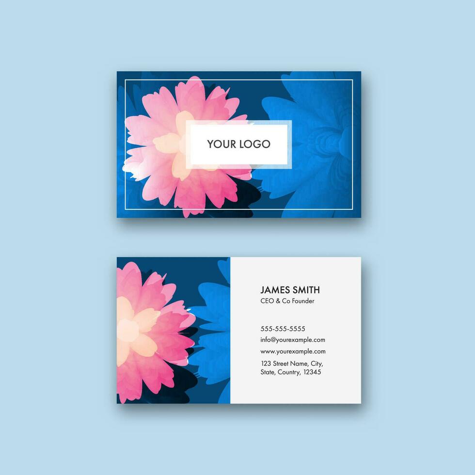 Business Or Visiting Card With Pink Flowers In Blue And White Color. vector
