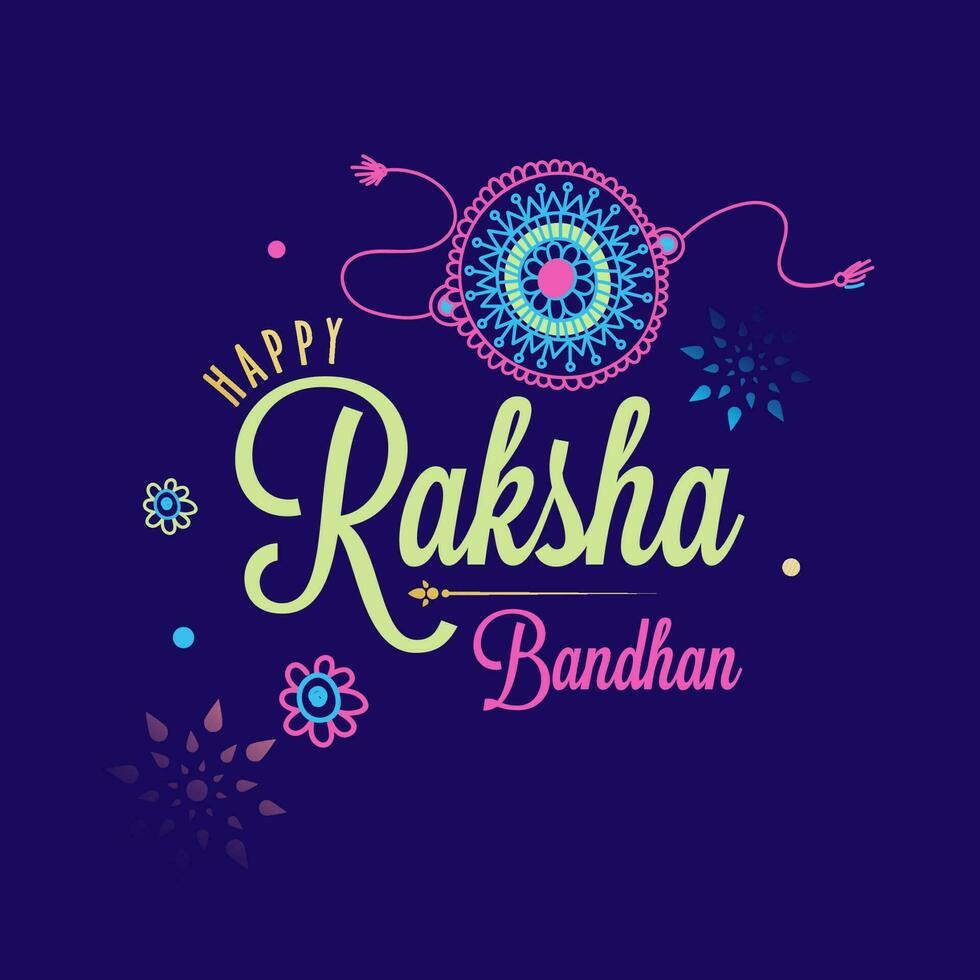 contento raksha Bandhan fuente con floral rakhi en púrpura antecedentes. vector