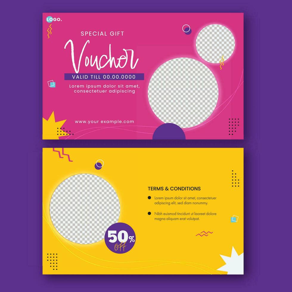 Gift Voucher Or Coupon Template Design With Space For Product Image In Pink And Yellow Color. vector