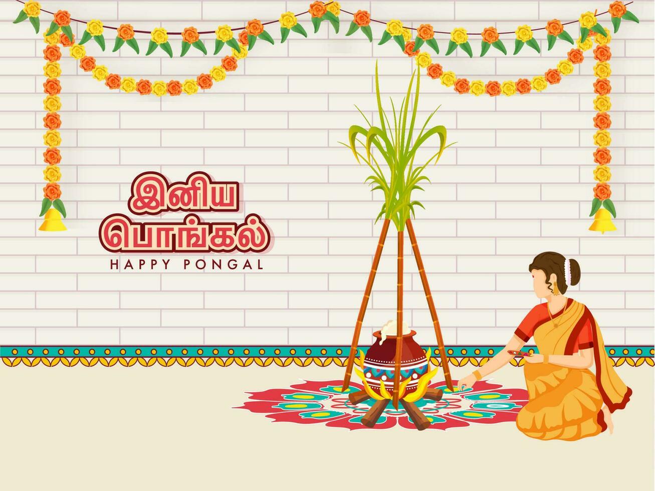 contento pongal celebracion antecedentes con sur indio mujer haciendo rangoli, tradicional plato Cocinando a hoguera y Caña de azúcar. vector