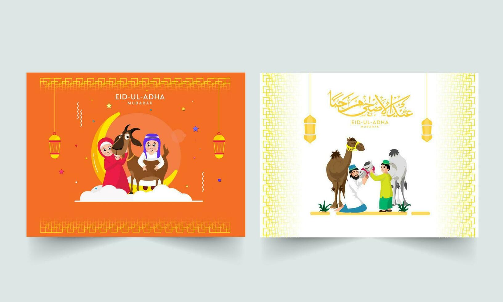 Eid-Ul-Adha Mubarak Poster Design With Muslim People Caressing Animals In Two Color Options. vector