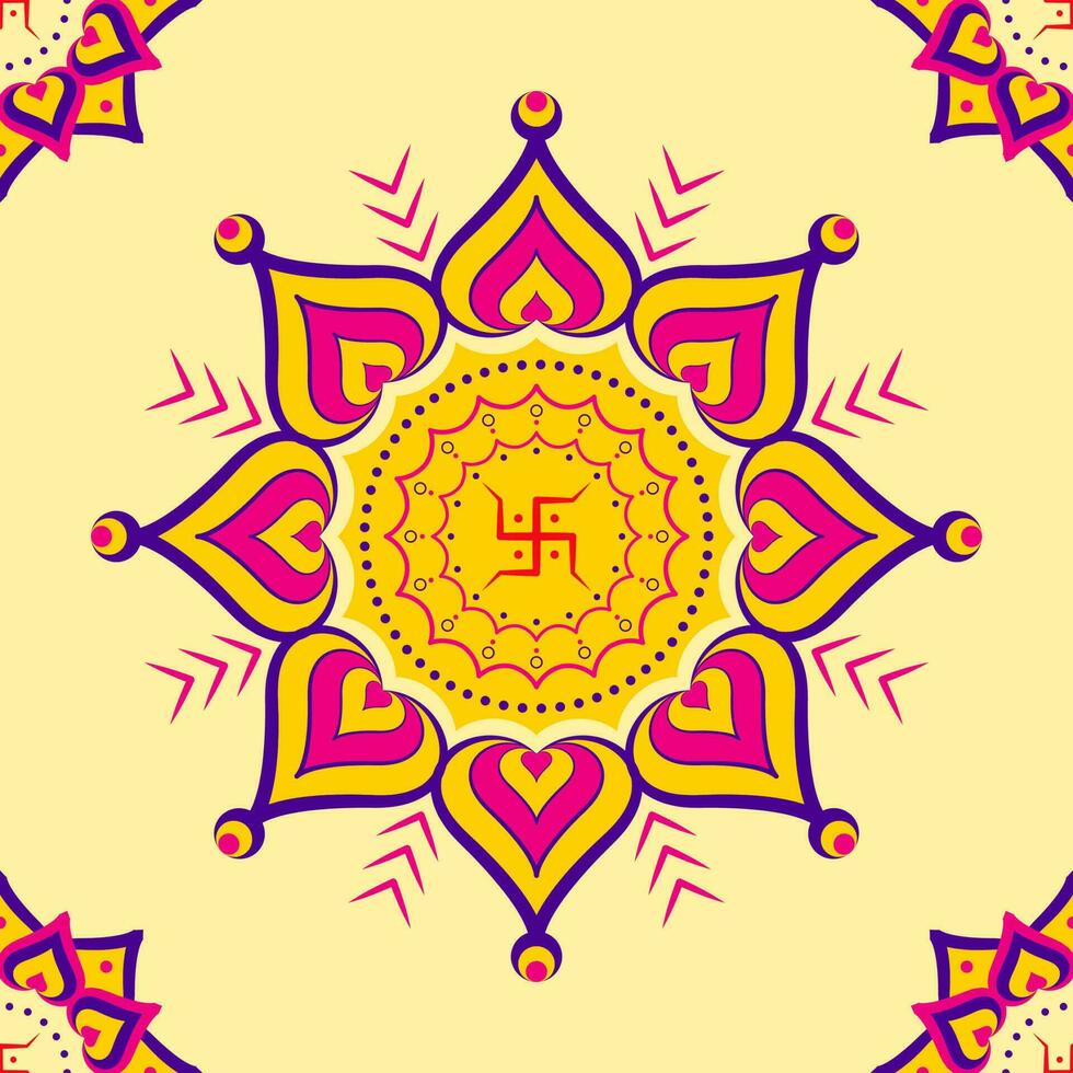 Swastika Symbol On Mandala Or Rangoli And Yellow Background. vector