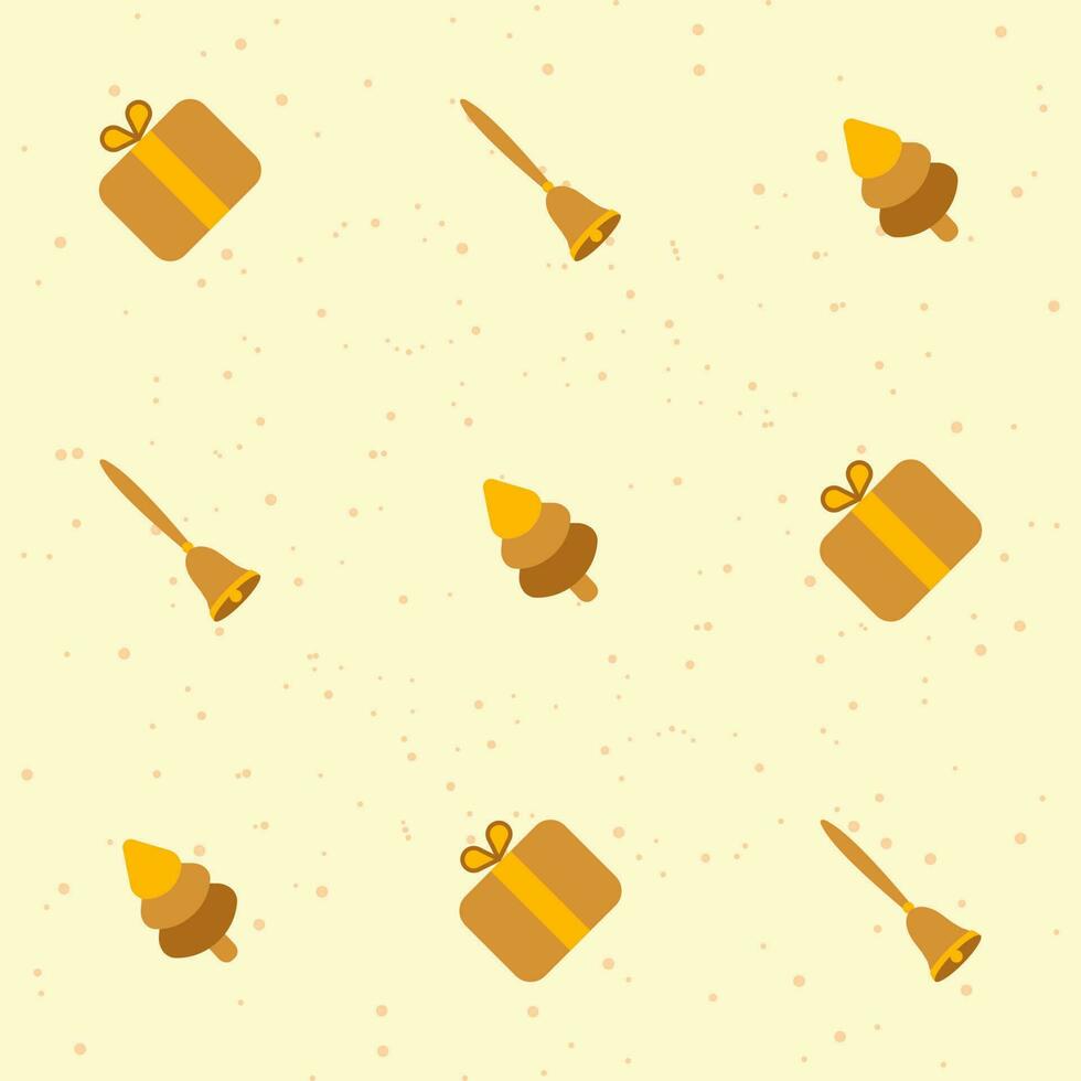 Pastel Yellow Dots Effect Background With Gift Boxes, Hand Bells And Xmas Tree. vector