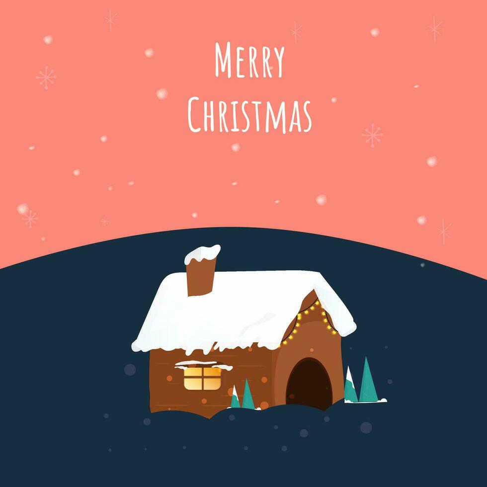 Merry Christmas Concept With Snow Cover Chimney House, Xmas Trees On Blue And Peach Background. vector