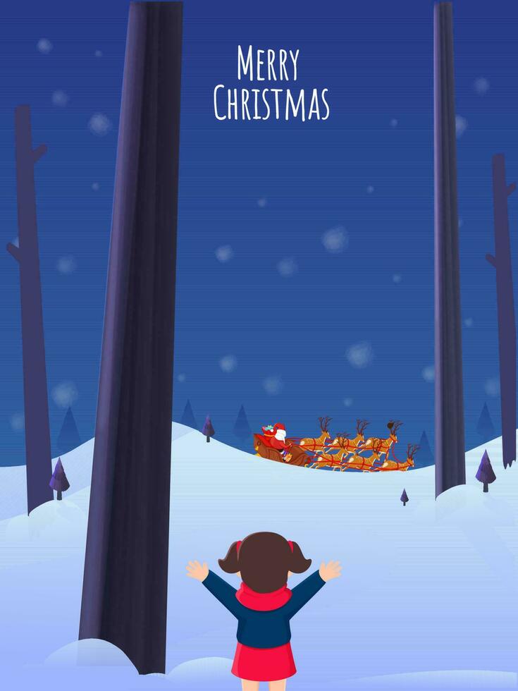 Merry Christmas Template Design With Back View Of Little Girl Waving Arms And Santa Claus Riding Sleigh On Blue Snowy Background. vector