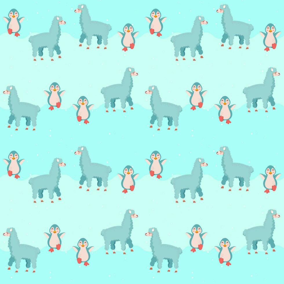 Endless Cartoon Penguins And Sheep Pattern On Blue Background. vector