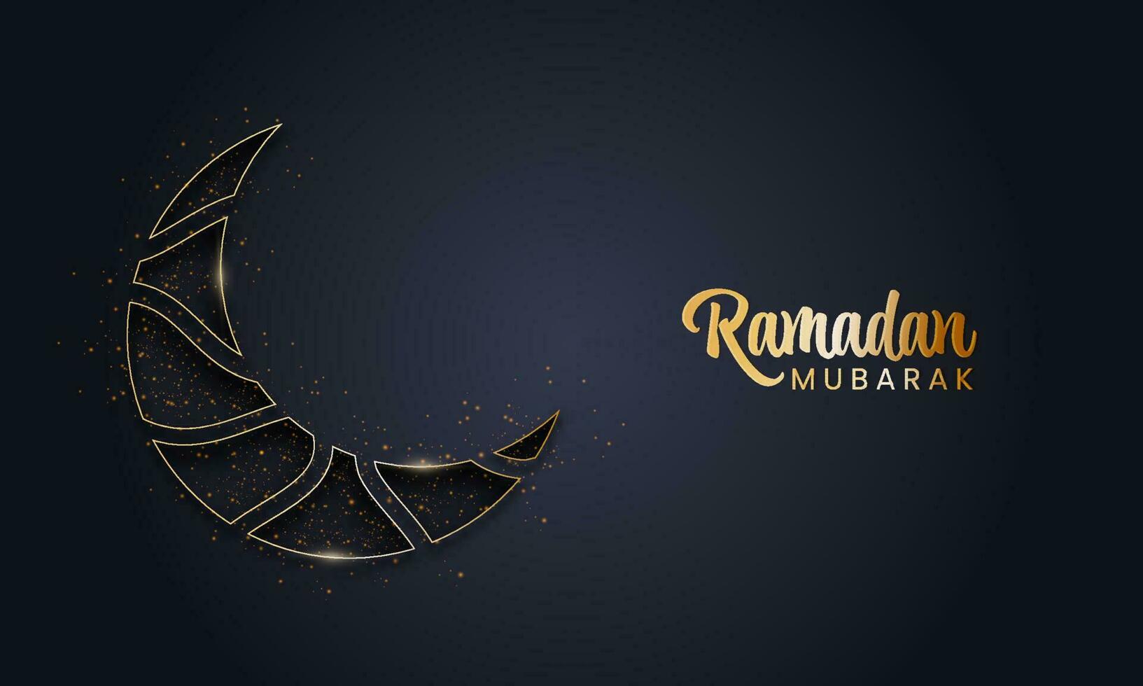 Golden Ramadan Mubarak Font With Paper Cut Crescent Moon And Lights Effect On Black Background. vector