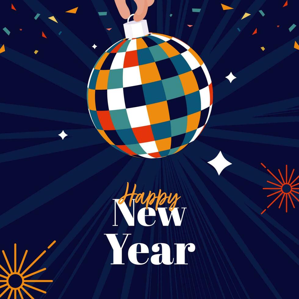 Happy New Year Font With Hand Holding Colorful Disco Ball, Fireworks And Confetti On Blue Rays Background. vector