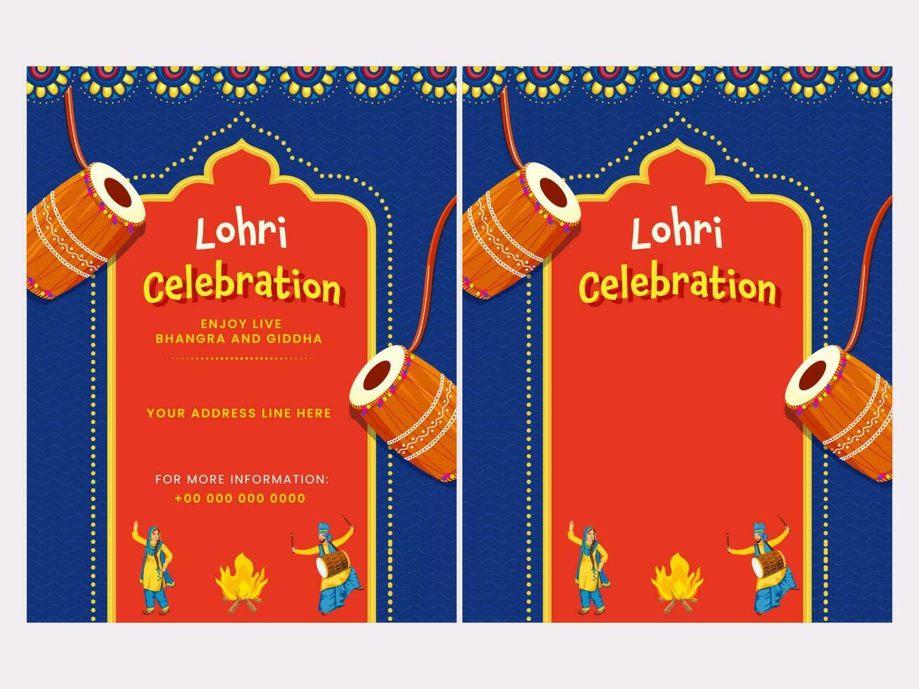 Lohri Celebration Invitation Cards With Event Details In Blue And Red Color. vector